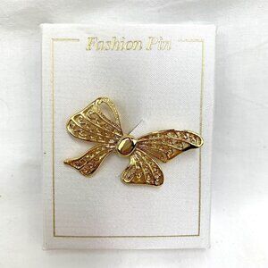 Vintage Gold Tone Filagree Bow Brooch NIB - Gold Tone Metal, 1"x1.5"